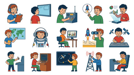 Fototapeta premium Kids STEM Education Flat Vector Illustration Set: Children Learning Technology, Science, Space Communication.
