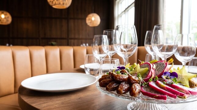 Luxury restaurant table setup featuring a platter of dates dragon fruit and elegant wine glasses.