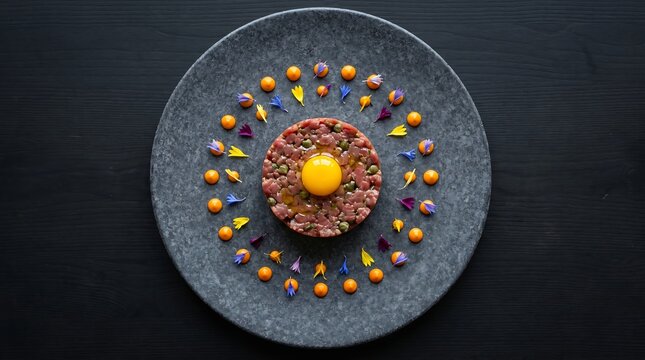 Gourmet beef tartare appetizer elegantly plated with egg yolk and colorful sauce drops on a round stone platter.