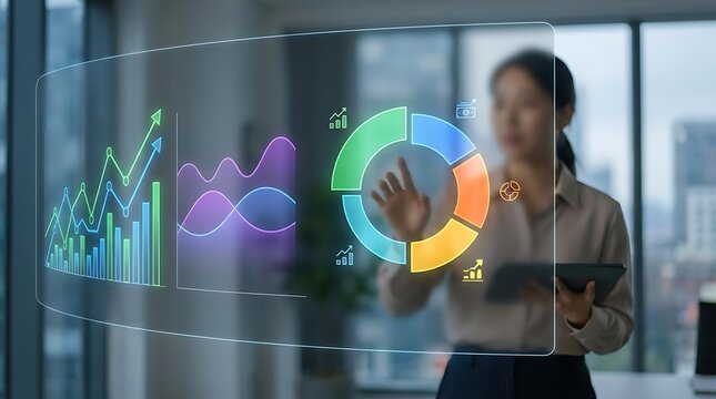 Person interacting with futuristic holographic data display showing charts and graphs