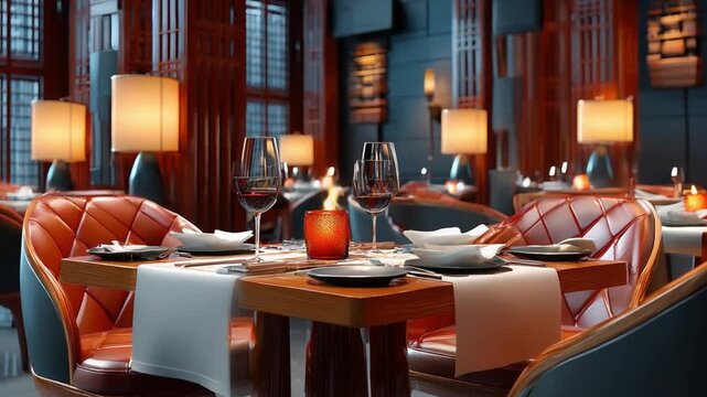 Elegant Restaurant Dining: An opulent restaurant dining room awaits with beautifully set tables, illuminated by warm ambient lighting, featuring plush seating and fine tableware.