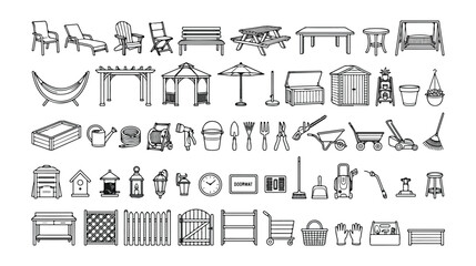 庭、ガーデン、屋外空間を彩る家具や道具のモノクロ線画ベクターアイコンセット。ガーデニング、アウトドアリビング、エクステリアデザインに最適なイラスト素材。 © Aralan