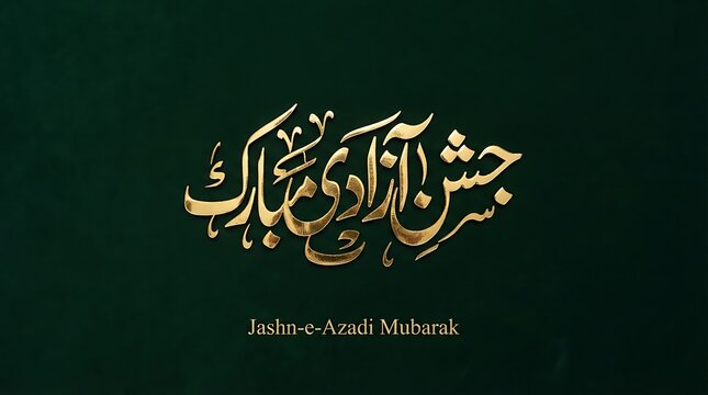 Elegant gold calligraphy celebrating jashn e azadi mubarak on a deep green background highlighting cultural and festive significance with artistic script