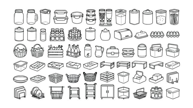 キッチン収納と食品保存容器のモノクロ線画アイコンセット、瓶、タッパー、パンケース、卵ケースなど、台所用品のベクターイラストコレクション