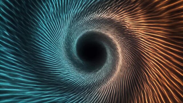 Abstract swirling vortex of glowing blue and orange light lines converging to a dark center