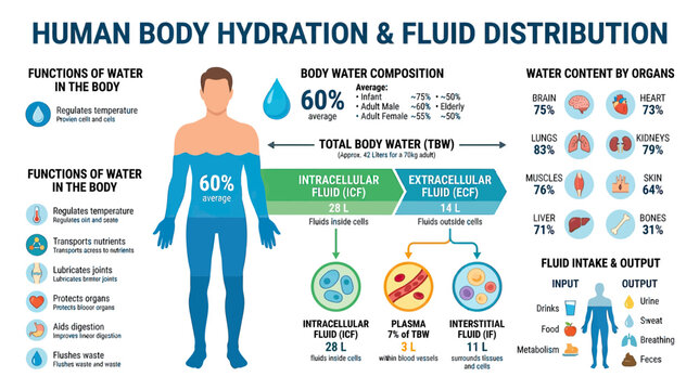 Human Body Hydration and Fluid Distribution Infographic