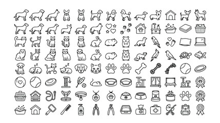 ペットの世話、動物病院、ペットショップ向け、犬、猫、鳥、魚、小動物の飼育用品とケアを網羅した100種類の線画アイコンセット、ベクターイラスト。 © Aralan