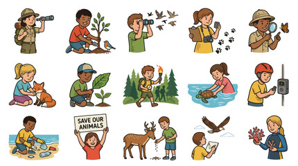 Fototapeta premium Diverse Children Exploring Nature, Planting, Observing Wildlife, Eco Education - Flat Vector Art
