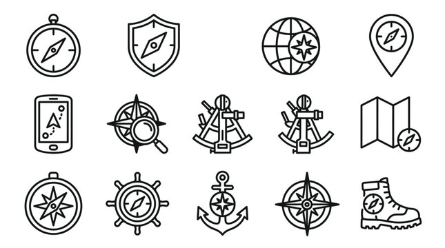 Nautical Navigation Icons: Compass, Map, Anchor, Globe, Sextant, Ship Wheel, Boot, GPS