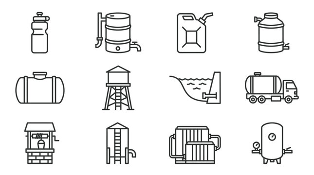 Water Storage and Transport Icons: Bottle, Barrel, Jerrycan, Tank, Well, Dam, Truck, Silo
