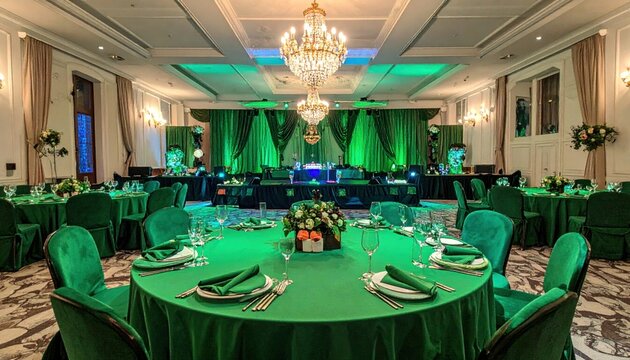 Elegant event hall with round tables, green-themed decor, stage lighting, and a banquet setup, creating a luxurious and festive atmosphere.
