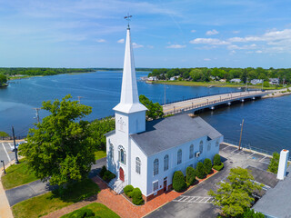 Naklejka premium Barrington Congregational Church (White Church) aerial view on Barrington River at 461 County Road, Barrington, Rhode Island RI, USA. 