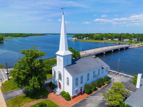 Barrington Congregational Church (White Church) aerial view on Barrington River at 461 County Road, Barrington, Rhode Island RI, USA. 