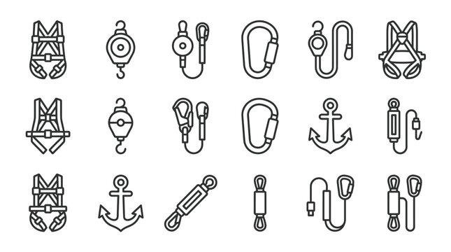 Safety Harness, Carabiner, Anchor Icon Set: Climbing, Work, Safety Equipment Line Icons