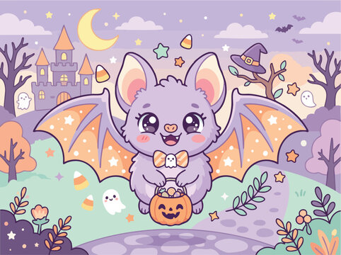 Cute Cartoon Bat Holding Pumpkin Bucket.