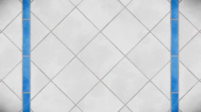 Abstract pattern background featuring white diamond tiles, dark gray grout lines, and a vibrant blue vertical stripe, a seamless loop.