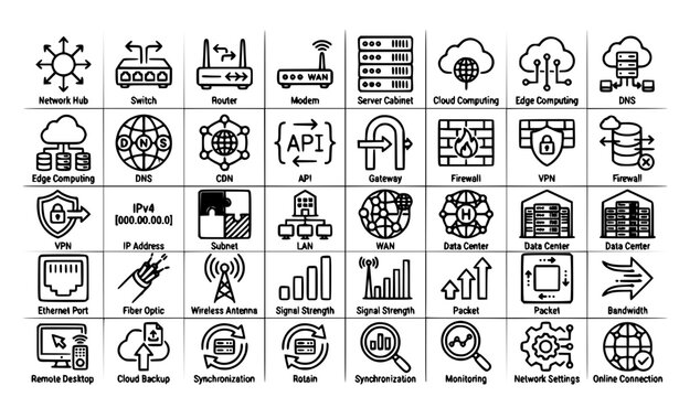 Network Infrastructure and Internet Technology Thin Line Icons Set &ndash; 30 Editable Stroke Outline Vector Collection