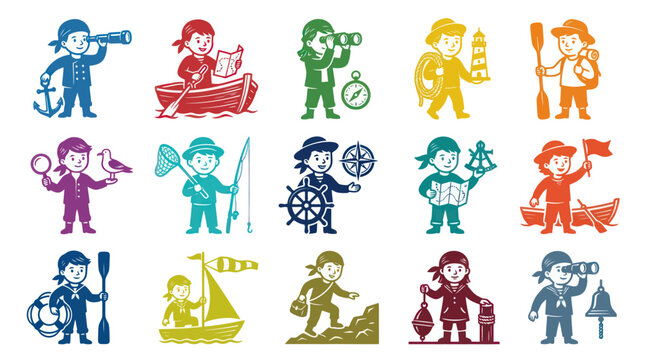 Nautical Kids Vector Icons: Sailing, Adventure, Exploring, Scouts, Maritime
