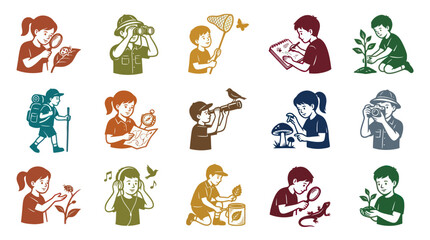 Obraz premium Children Nature Exploration Graphic Illustrations: Kids Learning Discovering Environment, Vintage Inspired Art