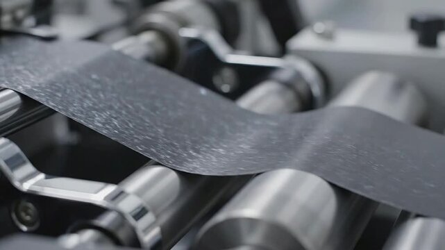 Macro Close-Up Of Thin Electrode Material Moving Through High-Tech Manufacturing Process With Intricate Details
