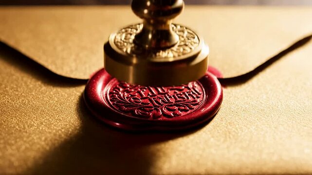 Macro Close-Up Of Wax Seal Elegantly Pressed Onto A Decorative Wedding Invitation With Intricate Details On A Golden Background