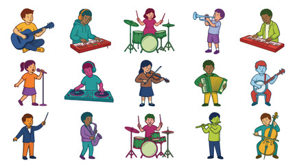 Fototapeta premium Diverse Children Musicians Playing Various Musical Instruments Cartoon Vector Illustration Set for Music Education