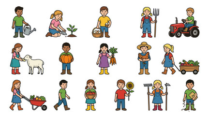 Fototapeta premium Children farming illustration, farmer kids with tractor, plants, animals, vegetables, flat vector art