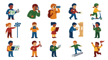 Fototapeta premium Children explorers on adventure with map, compass, binoculars, scooter