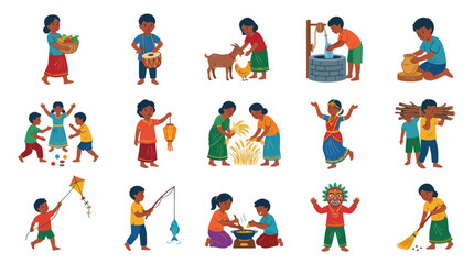 Fototapeta premium Indian Children Doing Daily Chores and Activities, Flat Vector Illustration