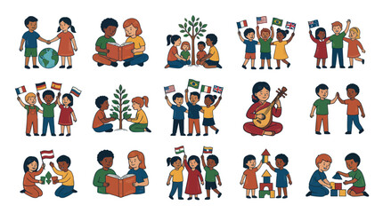 Fototapeta premium Diverse children learning, playing, and celebrating global unity, flat illustration
