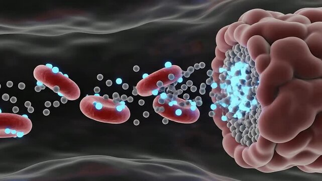Macro View of Hemoglobin Oxygen Exchange Concept Depicting Red Blood Cells Interacting with Oxygen Molecules in Bloodstream Environment