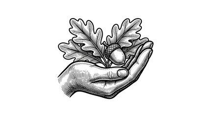 Hand holding oak leaves and acorn vintage illustration © erna