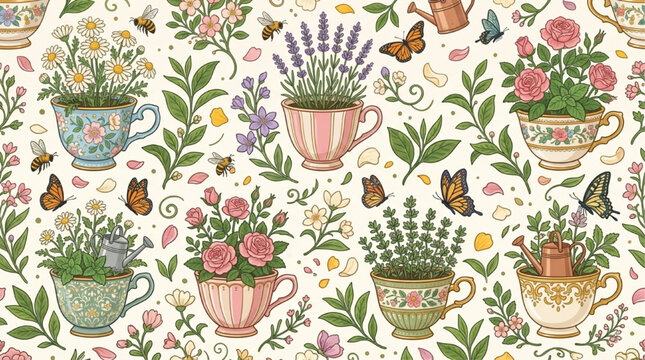 Seamless vintage teacup garden pattern with roses, lavender, and daisies. Whimsical cottagecore illustration featuring butterflies and bees. AI generated floral background.