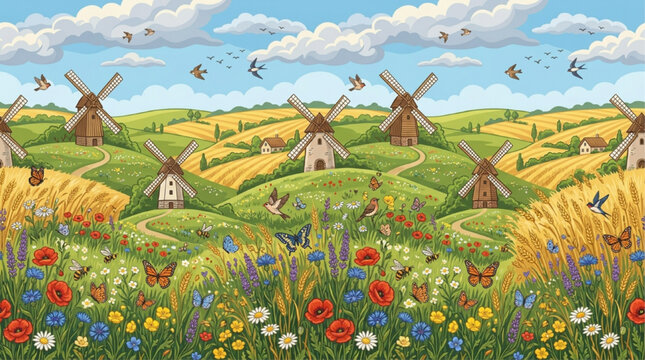 Panoramic pastoral landscape illustration with traditional windmills, rolling hills, vibrant wildflowers, butterflies, and birds under a sunny sky. AI Generated.