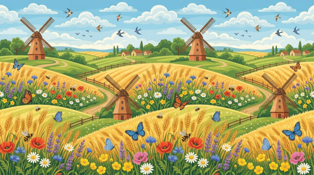 AI generated panoramic pastoral landscape with traditional windmills, golden wheat fields, vibrant wildflowers, butterflies, and birds under a sunny blue sky.