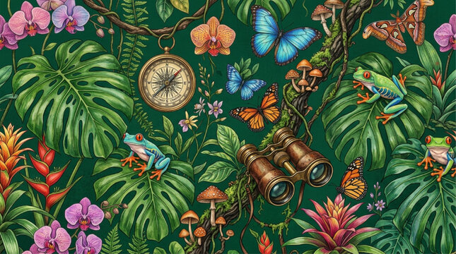 AI generated tropical jungle pattern featuring red-eyed tree frogs, butterflies, orchids, vintage compass, and binoculars on lush green foliage.
