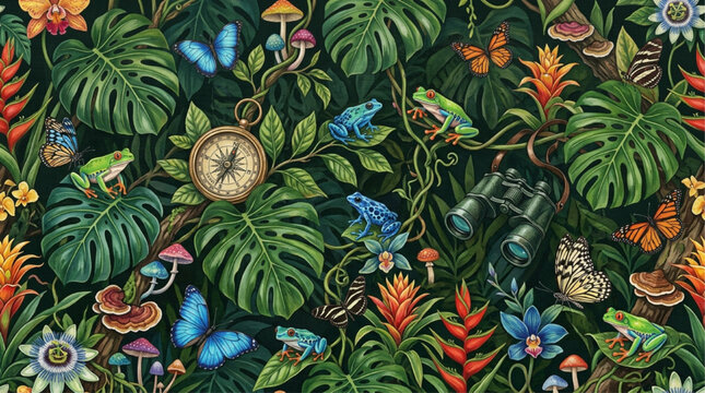 Seamless tropical jungle pattern with exotic frogs, butterflies, monstera leaves, vintage compass, and binoculars. Vibrant rainforest illustration on dark background. AI Generated.