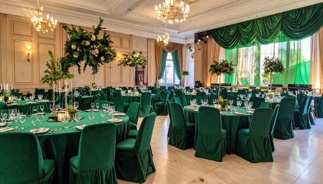 Elegant event hall with round tables, green-themed decor, stage lighting, and a banquet setup, creating a luxurious and festive atmosphere.