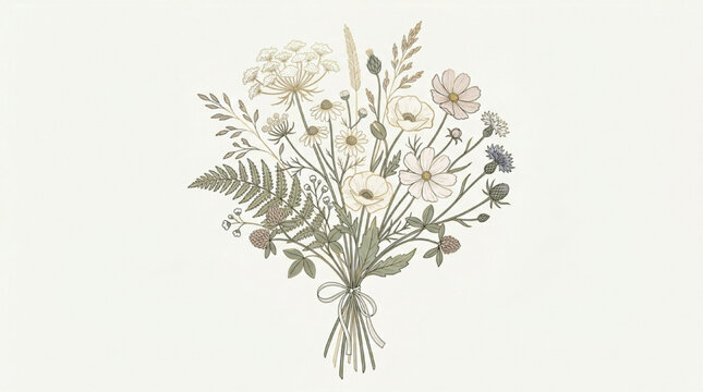 Vintage wildflower bouquet illustration, soft pastel botanical art, rustic floral arrangement on cream background, AI generated.