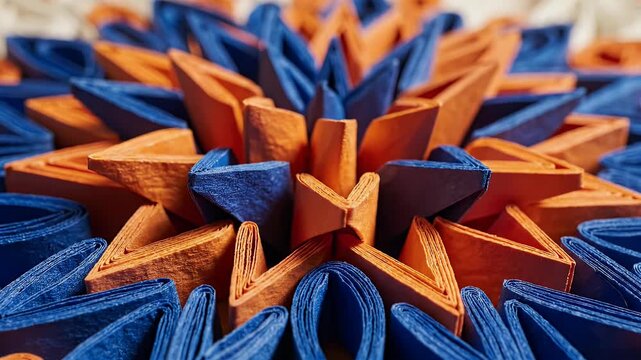 Abstract geometric pattern of folded paper in blue and orange hues