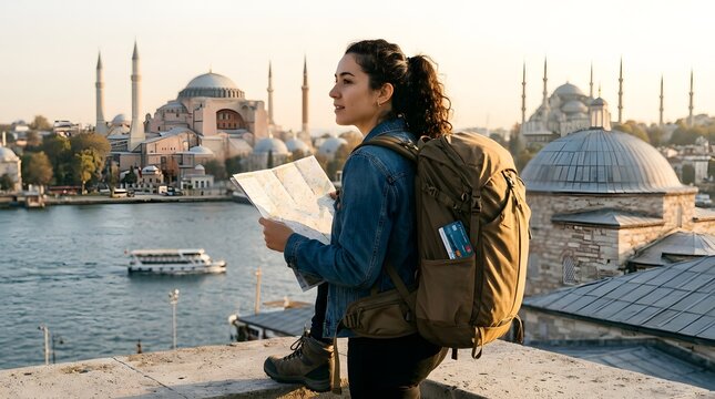 Woman holding a paper map while backpacking in a historic city at sunset