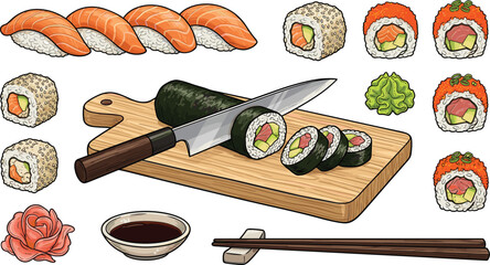 Japanese Sushi Vector Set with Salmon Nigiri California Rolls Maki Cutting Board Knife Ginger Wasabi Chopsticks and Soy Sauce Menu Elements © Mdariful