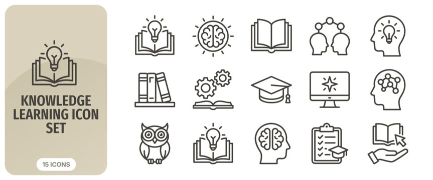 Knowledge learning icon set, education and elearning vector symbols, academic research and study icons, school and university line art icons