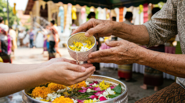Elderly hands pouring fragrant flower petals into younger hands during a cultural ceremony.