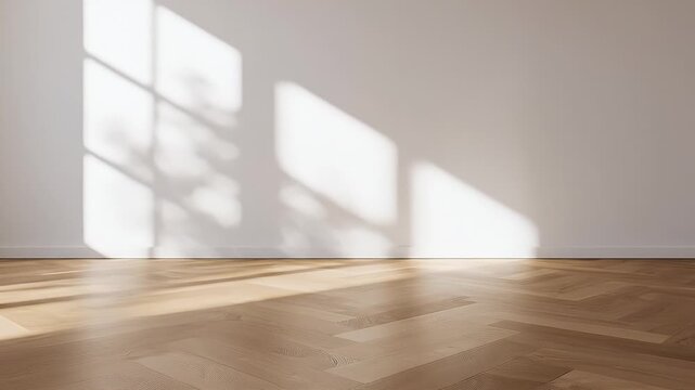 Empty room with herringbone wooden floor and natural light casting shadows on the wall