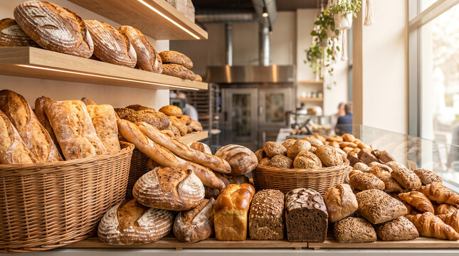 Freshly baked artisan bread assortment, with golden crusts and rustic loaves in baskets, displayed neatly on wooden shelves, arranged inside a modern bakery shop, professional food photography