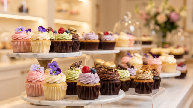Gourmet decorated cupcakes selection, with frosting berries and edible flowers on top, arranged on marble display tiers, showcased inside a pastry shop boutique, sweet dessert photography