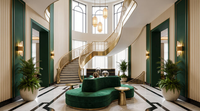 Luxury hotel lobby entrance hall, with grand winding golden staircase and green velvet sofa, standing empty and illuminated, in a modern art deco building interior, interior design photography