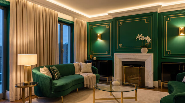 Elegant living room interior, with dark green paneled walls and marble fireplace, arranged with luxury velvet sofa and glass table, in a sophisticated residential home, interior design photography