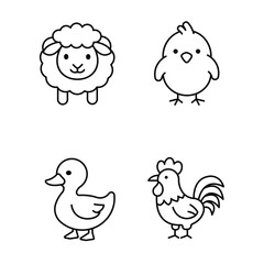 Simple outline design of cute livestock collection including fluffy sheep, little chick, duck, rooster. © ZAY